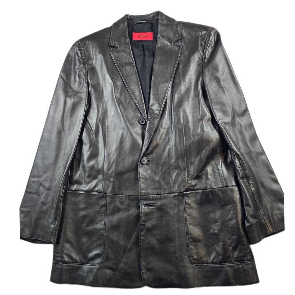 Hugo Boss Leather Blazer Mens Medium Black 100% Lamb Leather Soft! Jacket